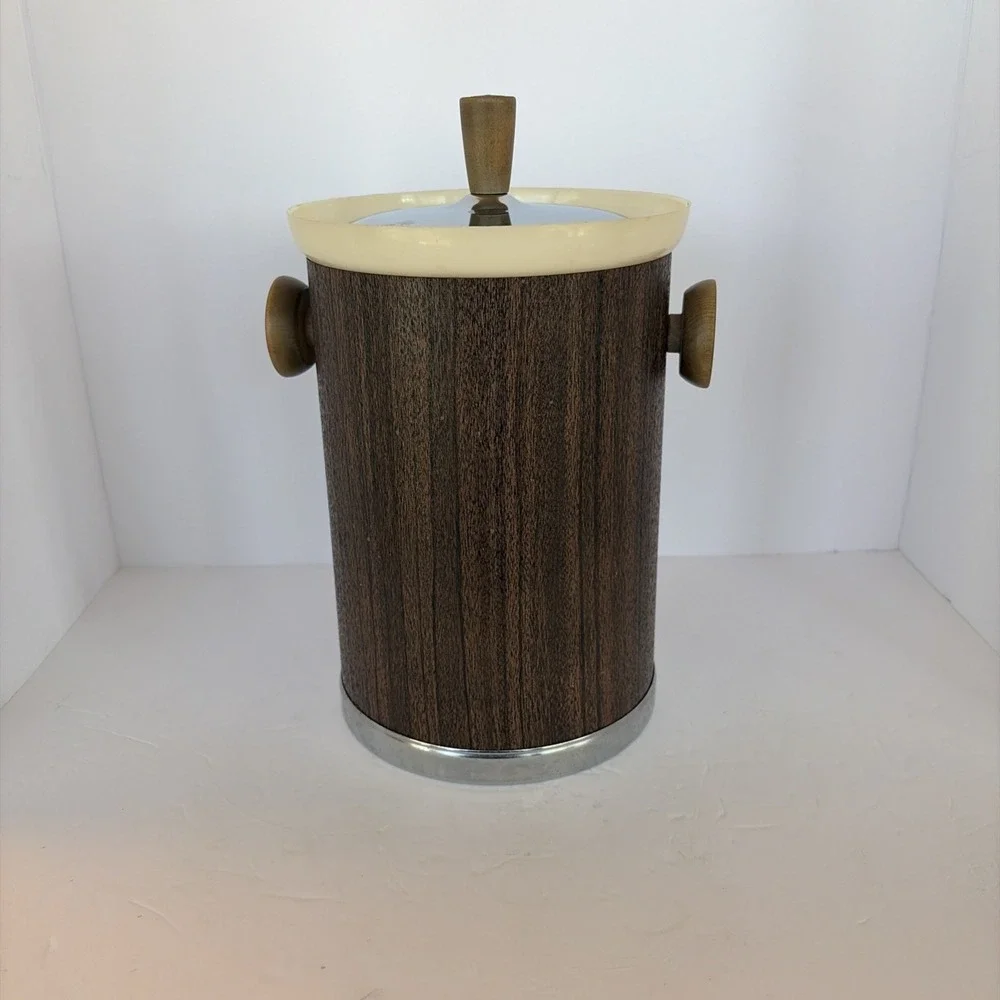 Kromex Mid Century Modern MCM‎ Wood look Chrome Ice Bucket Vintage 11 1/2